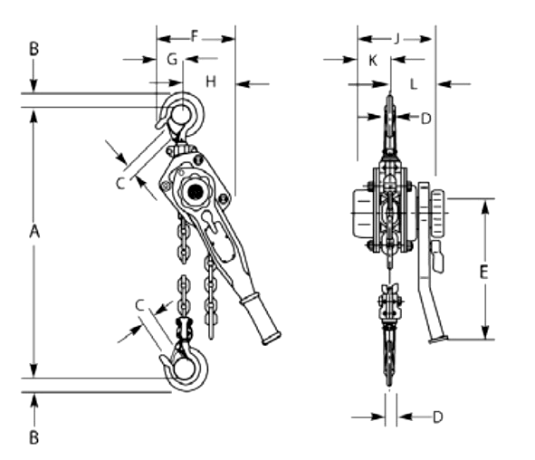 Raptor LW lever hoist Dimensions