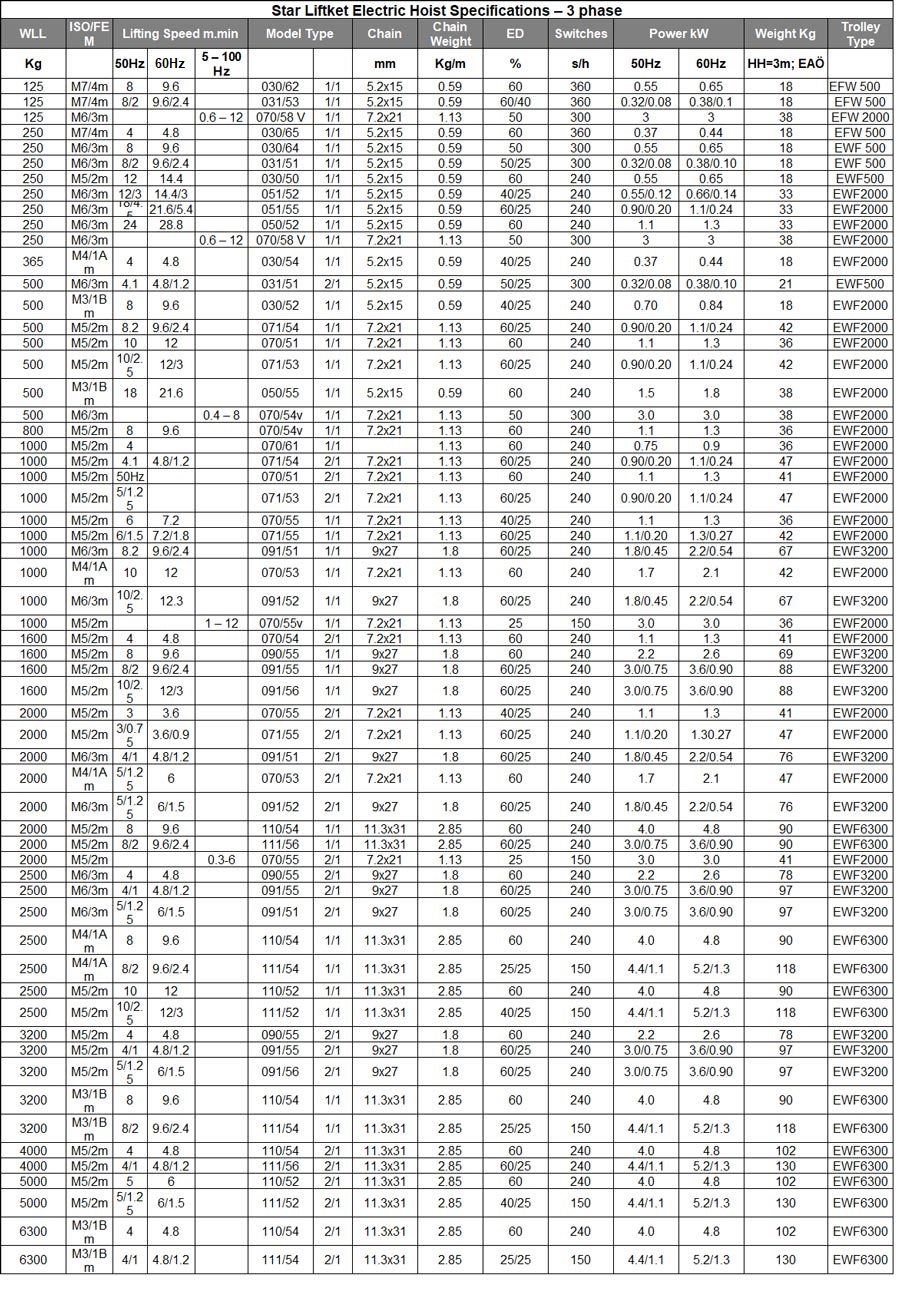 Star electric hoist 3 phase specifications